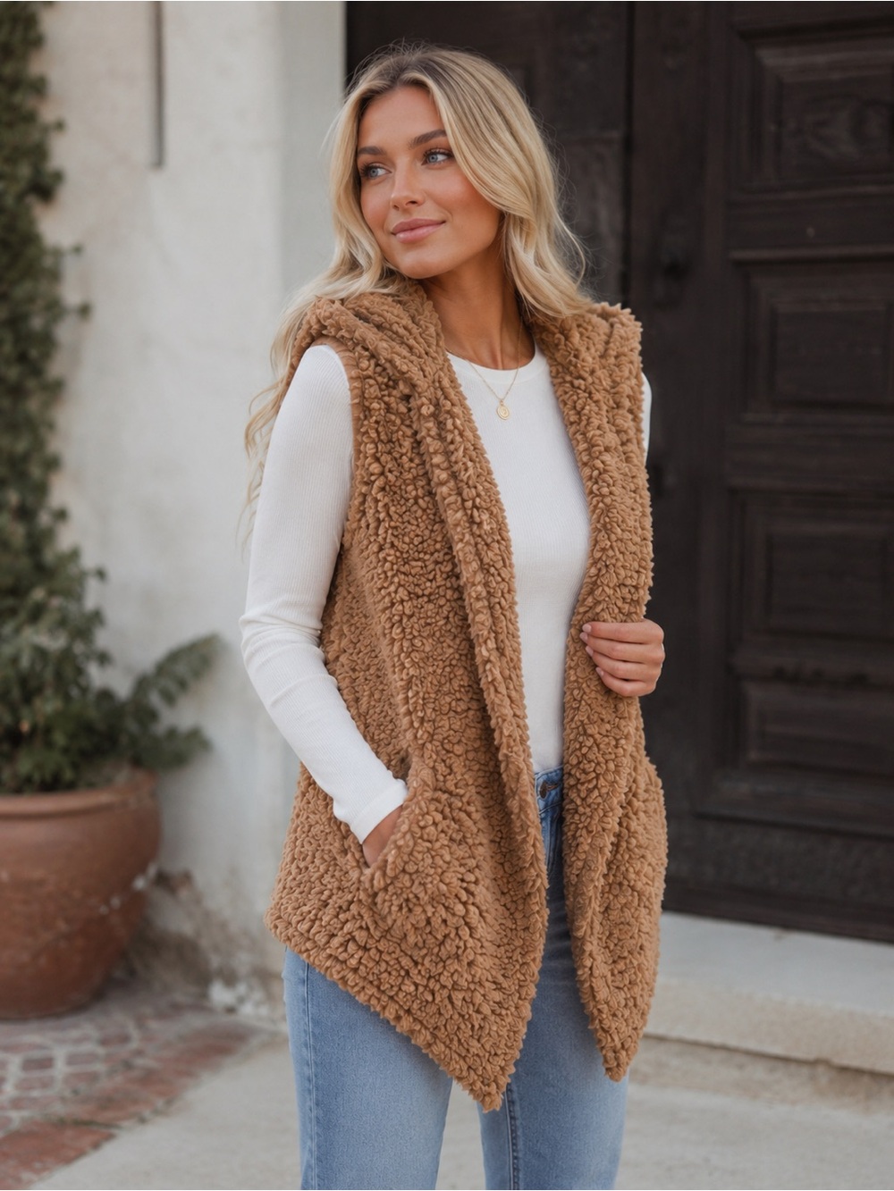 Coffee Shop XS Hooded Sherpa Open Front Sweater Vest Beige